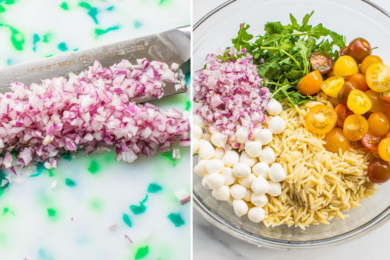 chopped red onion and all of the orzo pesto pasta ingredients in a clear bowl