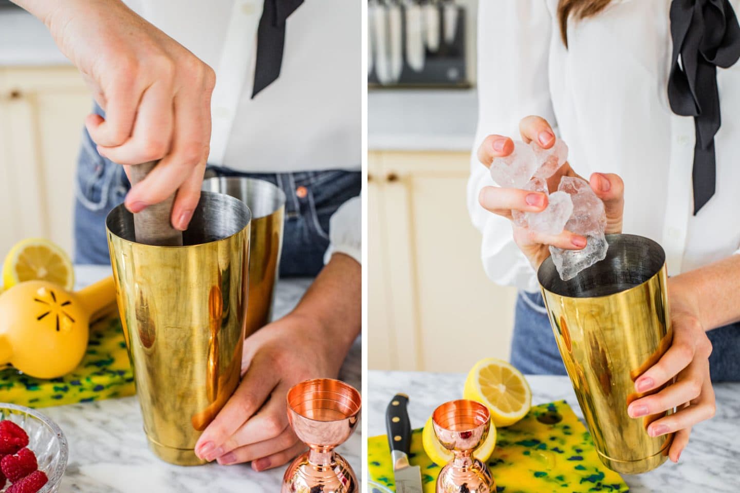 muddling and adding ice to a cocktail shaker