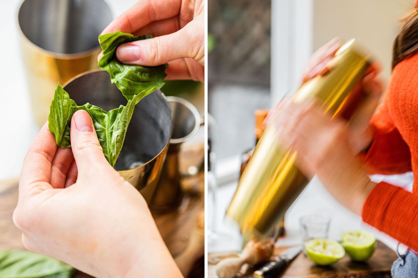 adding basil leaves and shaking the drink in a golden cocktail shaker