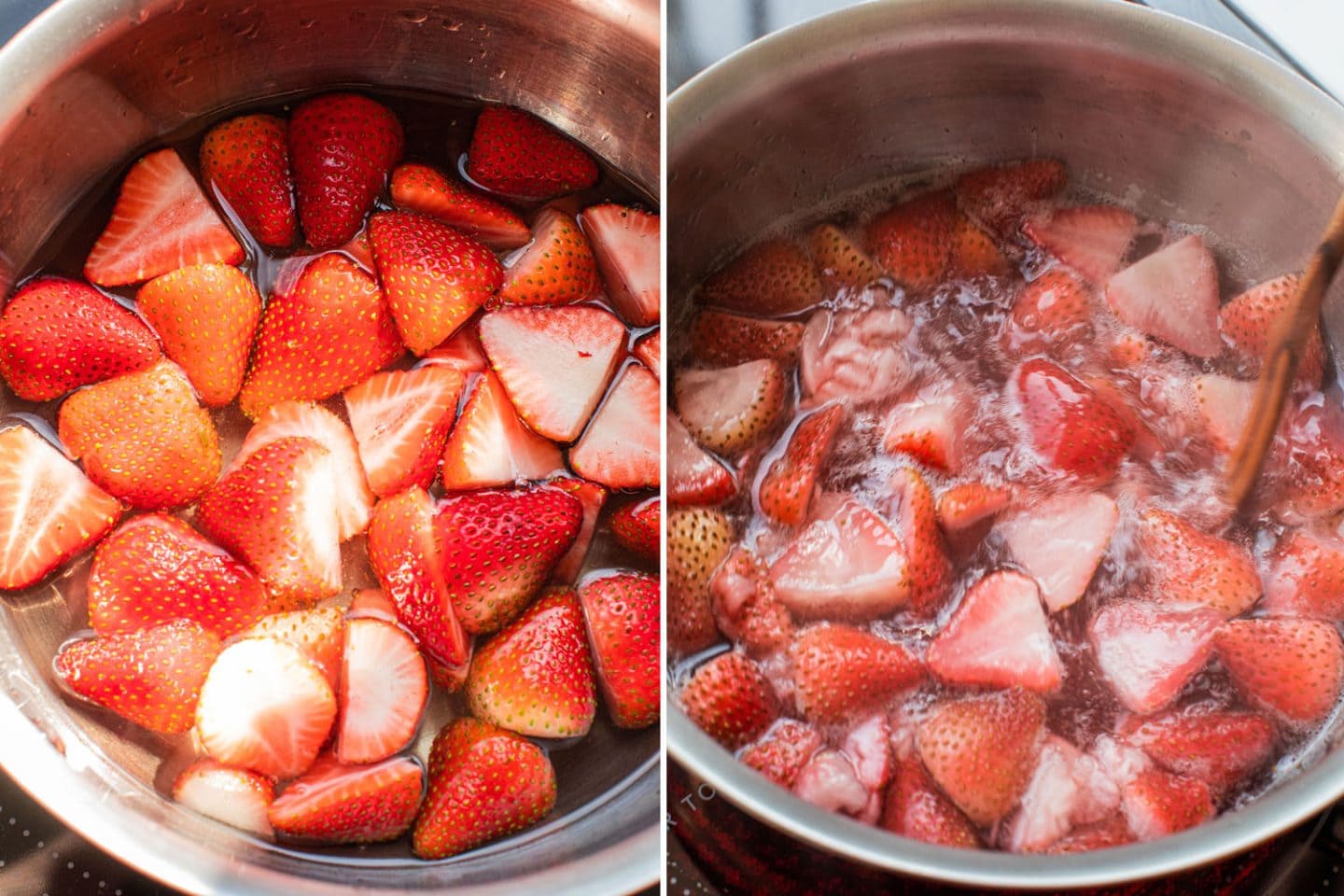 strawberries in the pot being stirred with a wooden spoon