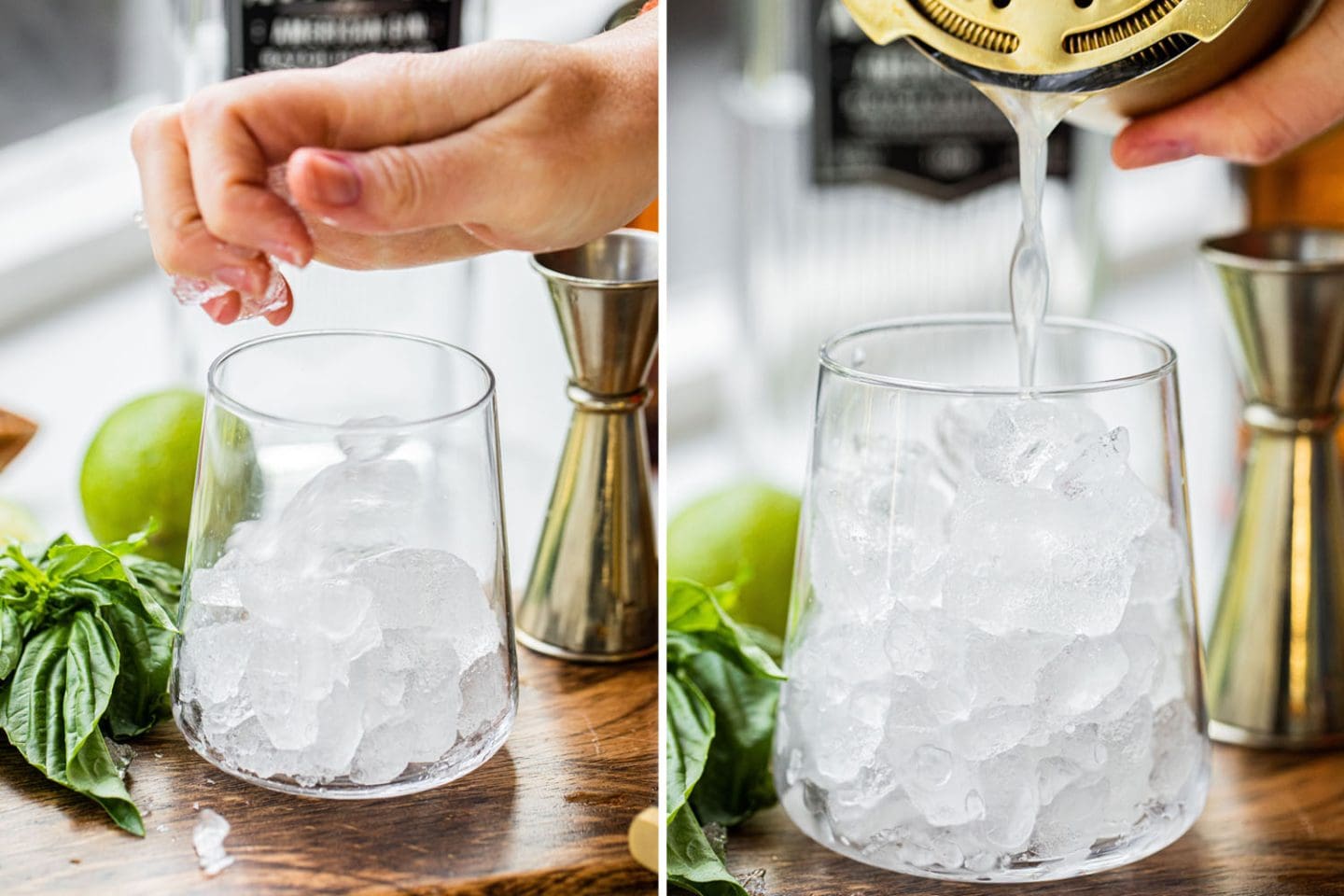 adding ice to a glass and then straining the drink into it