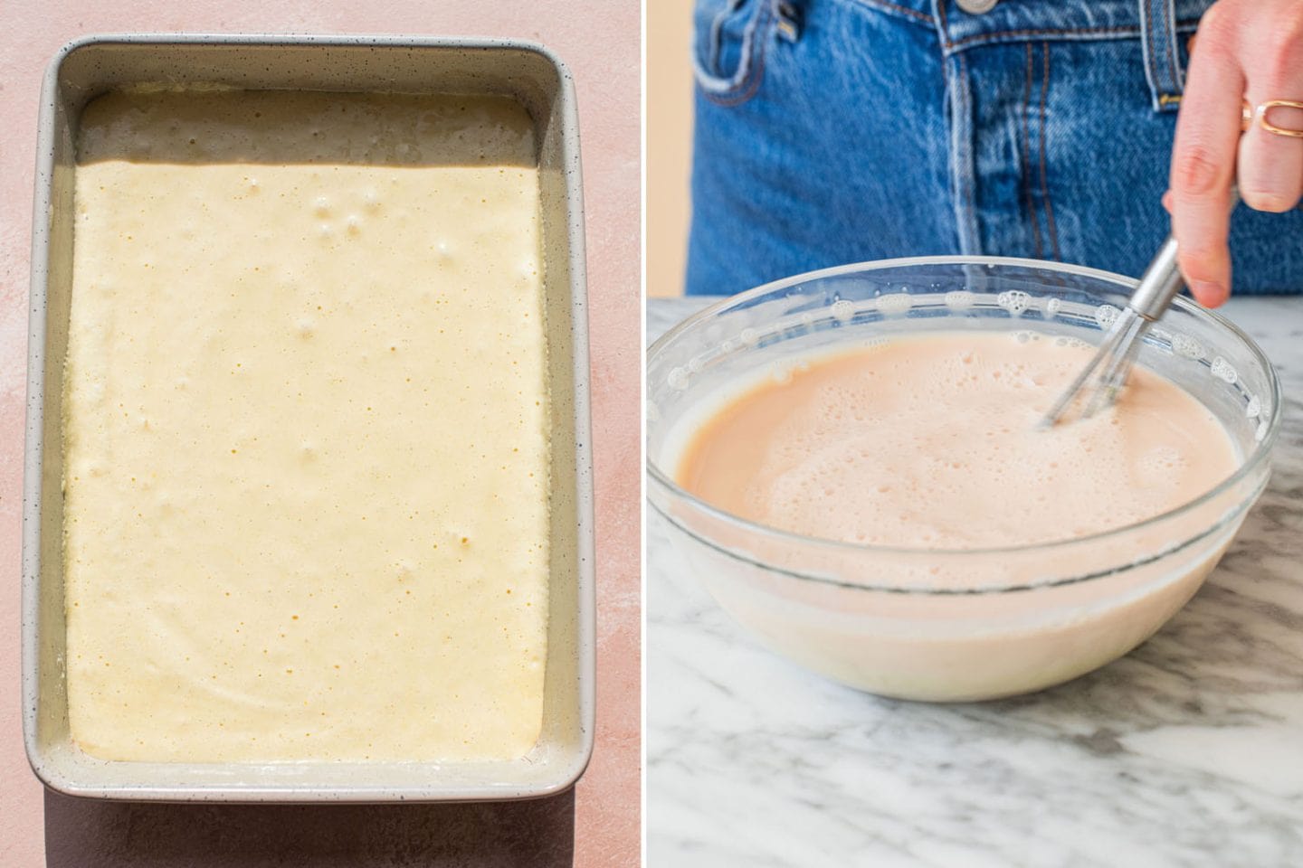 batter in a cake pan and strawberry flavored milk in a bowl with a whisk 