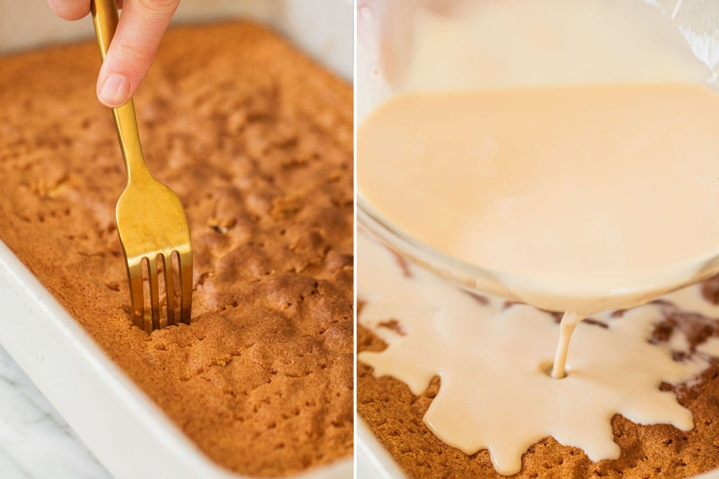 poking the cake sponge and pouring the milk soak on top