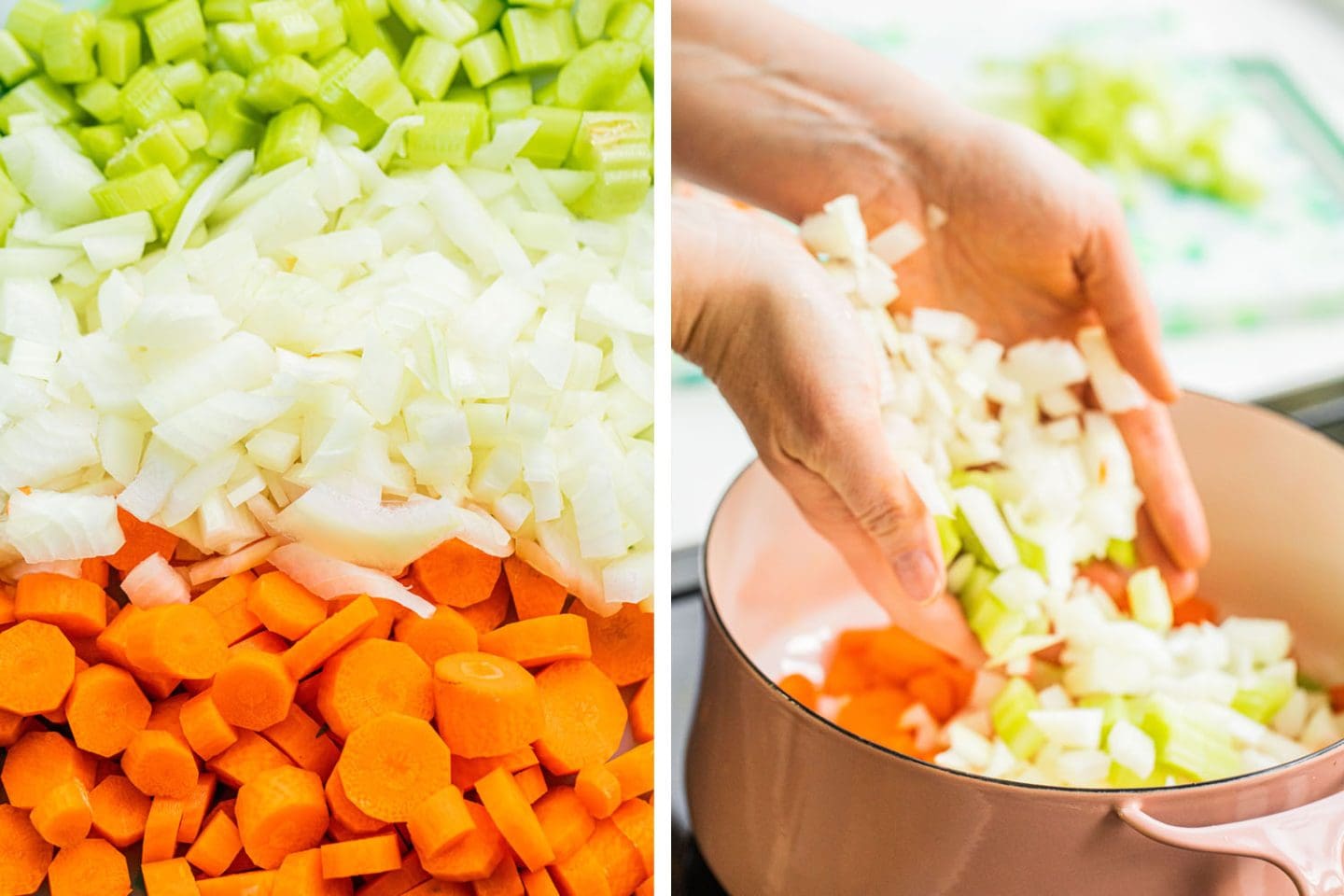 chopped celery, onions, and carrots going into a pink pot