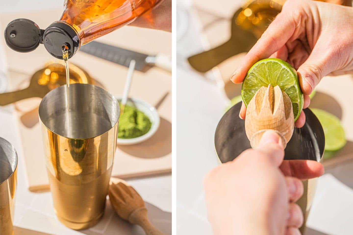 adding agave and lime juice to the cocktail shaker