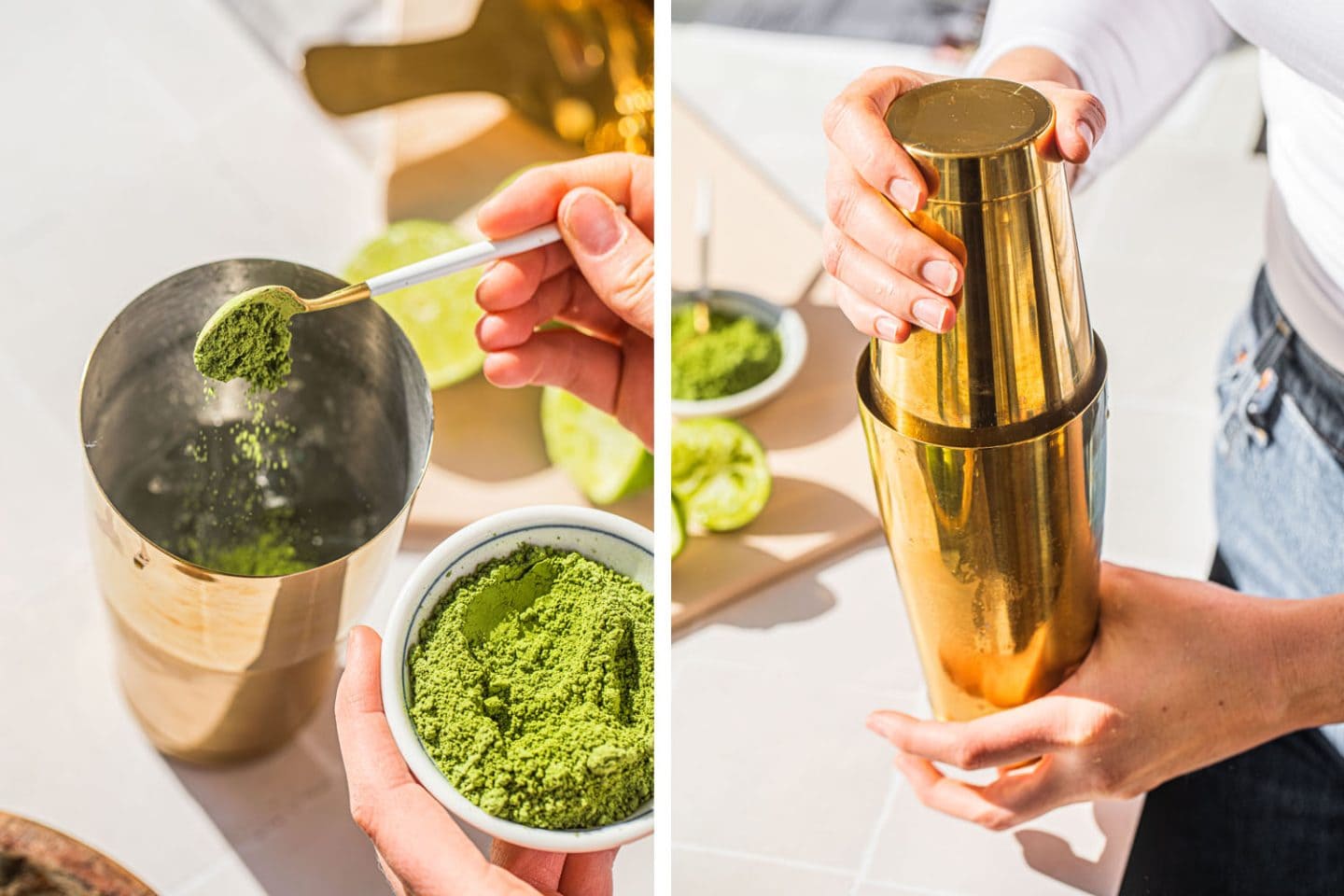 adding matcha powder to the cocktail shaker and shaking it