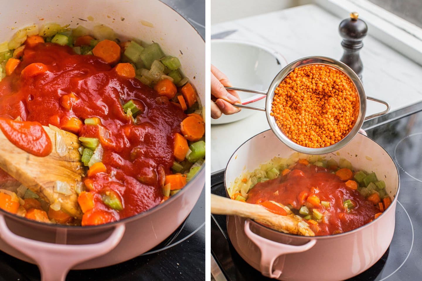 adding the lentils and tomato sauce to the soup