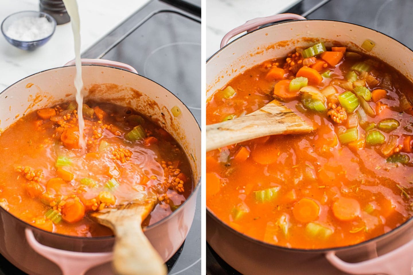 adding broth and lentils to the soup