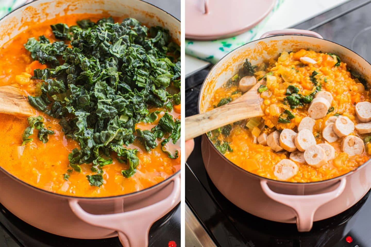 Adding kale to the soup and then adding the sausage