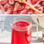 strawberry simple syrup being made in a pot on top and strained in a pitcher on the bottom with text overlay