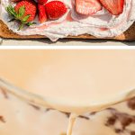 two photos of a strawberry tres leches cake with with text overlay