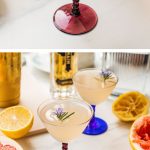 two photos of the light yellow cocktail in glasses with text overlay at the bottom