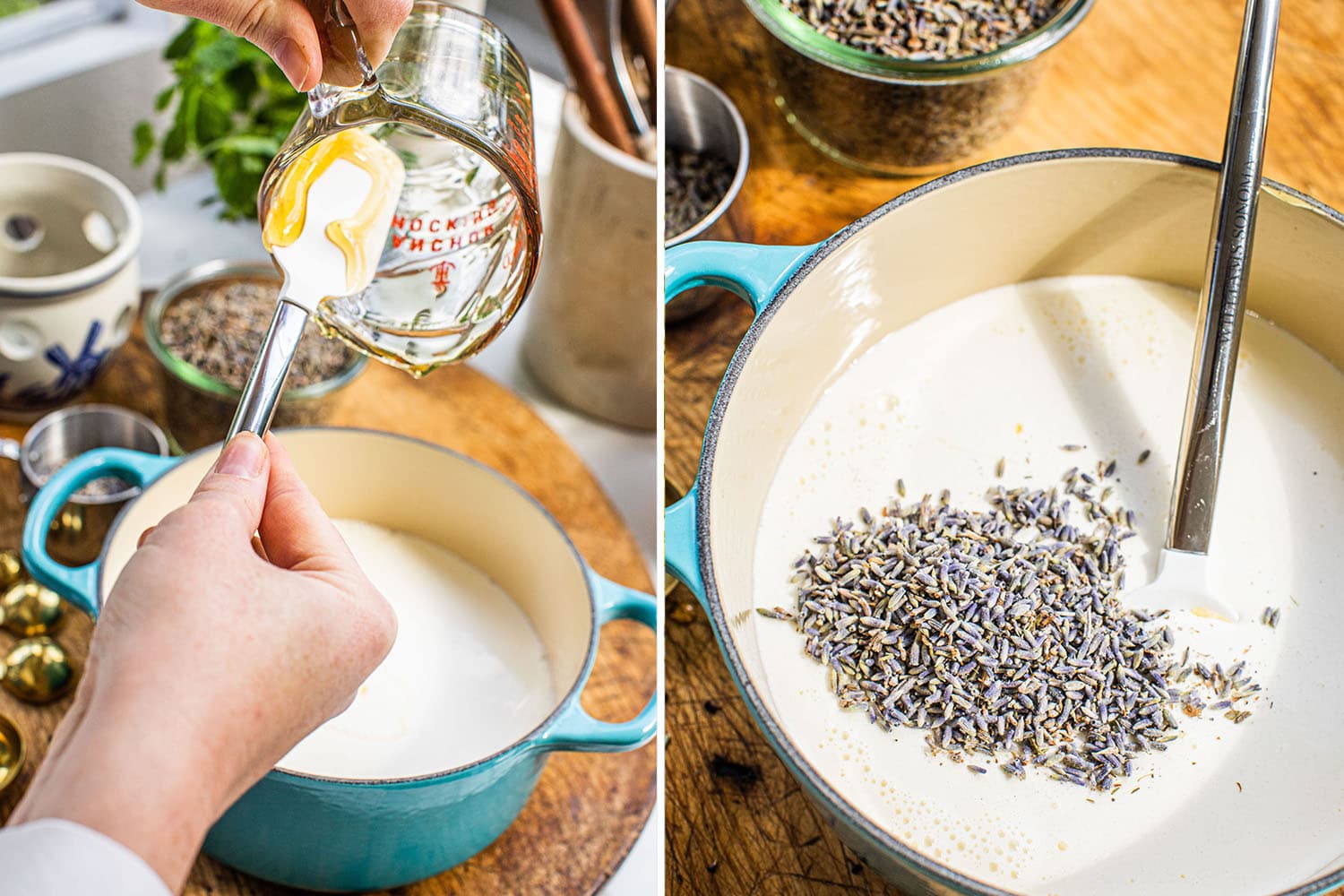 adding honey to the pot of cream and then adding buds of dried lavender