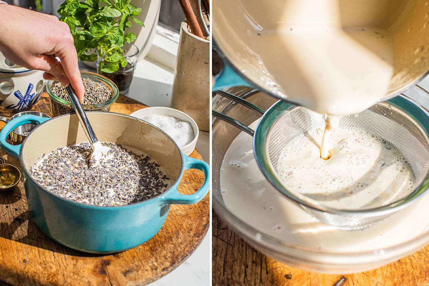 stirring the pot full of lavender that's infusing the cream, and then straining the buds out