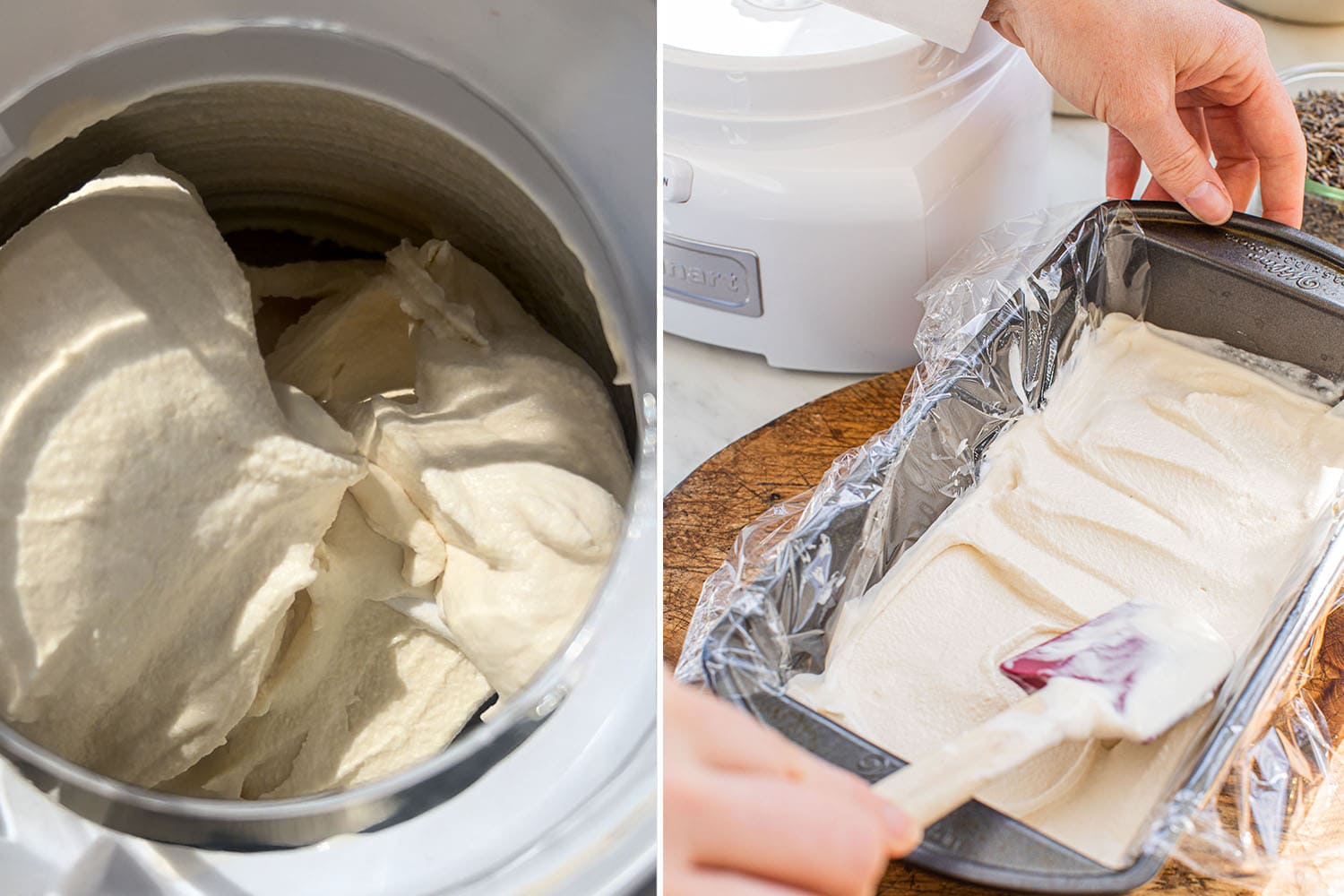 mixing the ice cream in an ice cream making machine and then spreading it into a pan