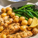 lemon pepper salmon served with yukon gold potatoes and green beans