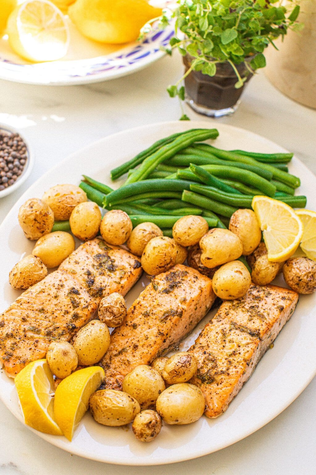 lemon salmon with black pepper and potatoes made in the air fryer on a plate alongside green beans