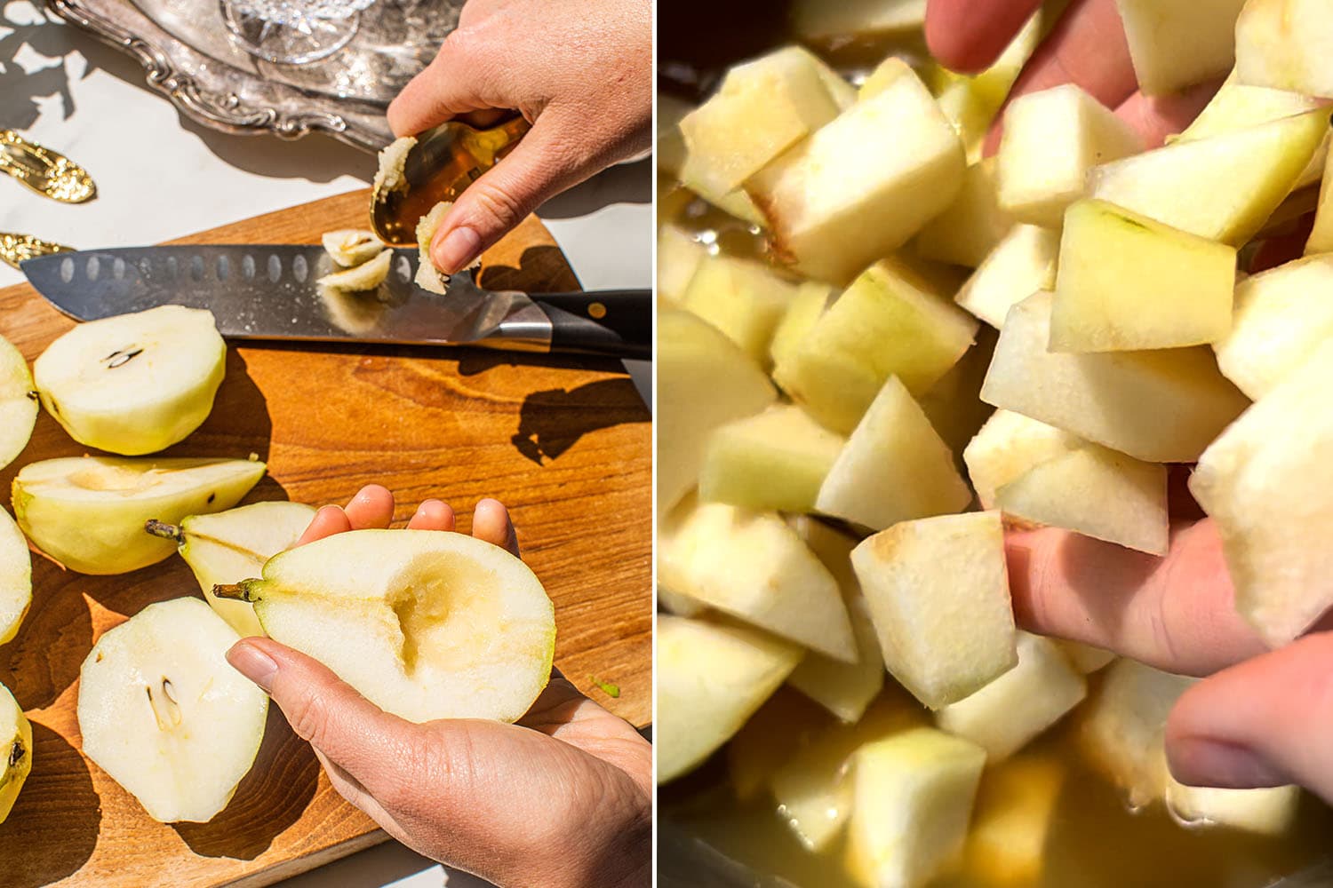 pears being chopped and diced for sorbet