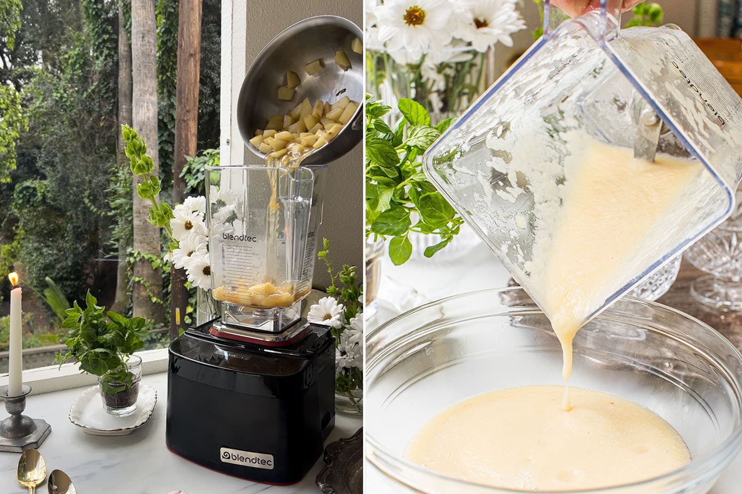 blending the pear mixture and then pouring it into a bowl