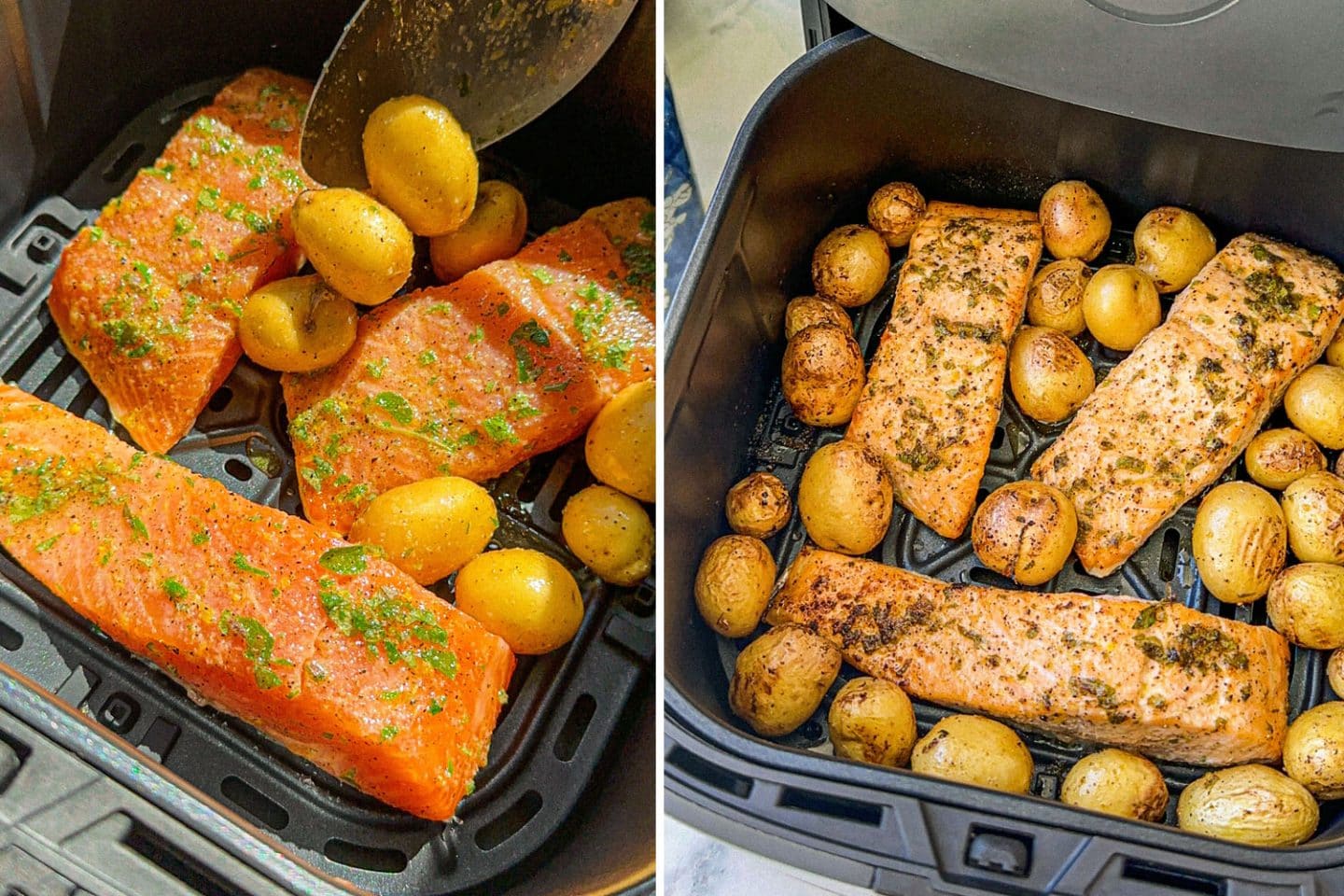 adding the salmon and potatoes to the air fryer on the left, and the finished product in the air fryer on the right