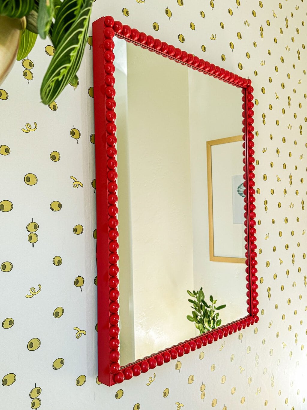 a mirror with a red bobbin border on top of olive and lemon white wallpaper and  a small piece of a plant in the top left corner 