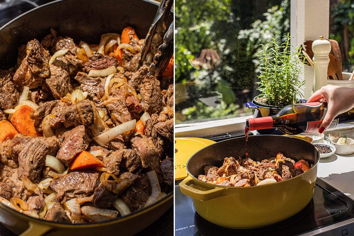 cook the beef and veggies together and then add red wine