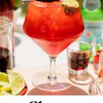 cherry spritz garnished with lime and cherries with text overlay