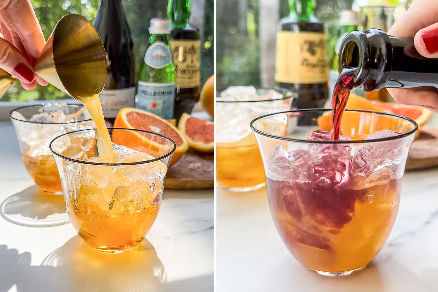 a gold jigger pouring cara cara orange juice into a low glass filled with ice. sparkling red wine being poured into a low ball with ice and orange juice. 