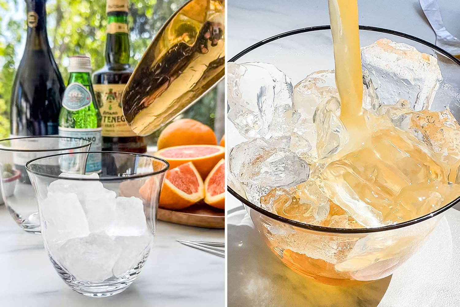 a gold spoon pouring ice into a slow glass filled with ice. Cara cara orange juice being poured into a low glass with ice 