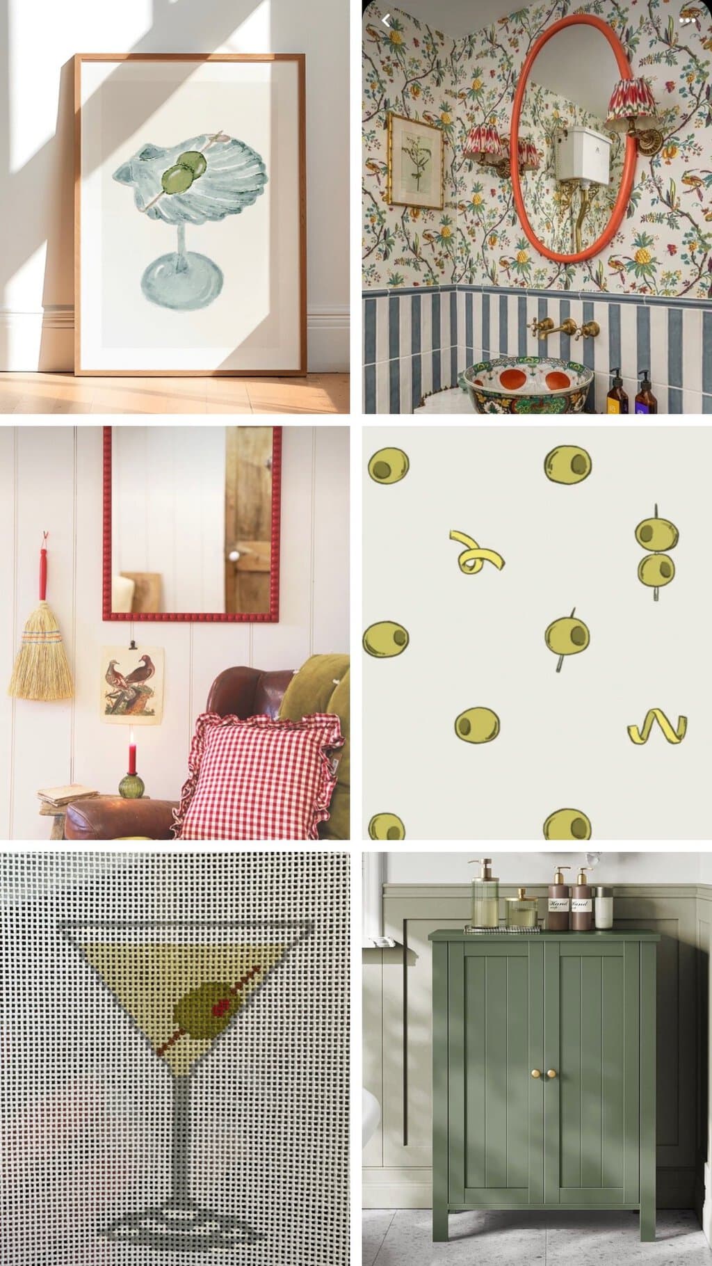 a mood board showing olive wallpaper, vibrantly colored mirrors, and martini themed decorations