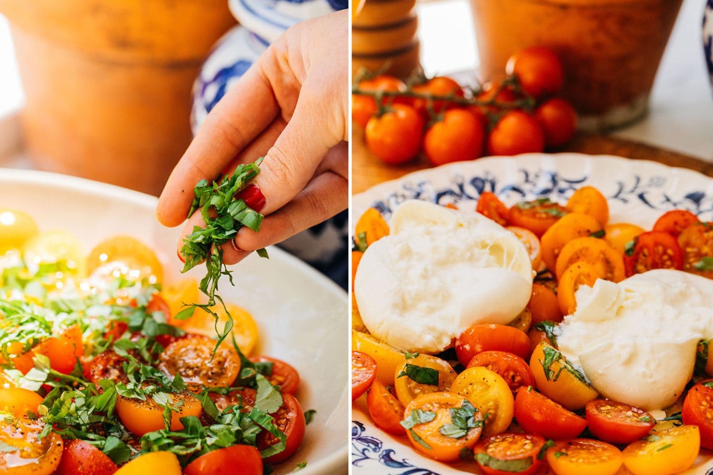 the photo on the left is adding basil garnish and the right is a finished photo of the dish