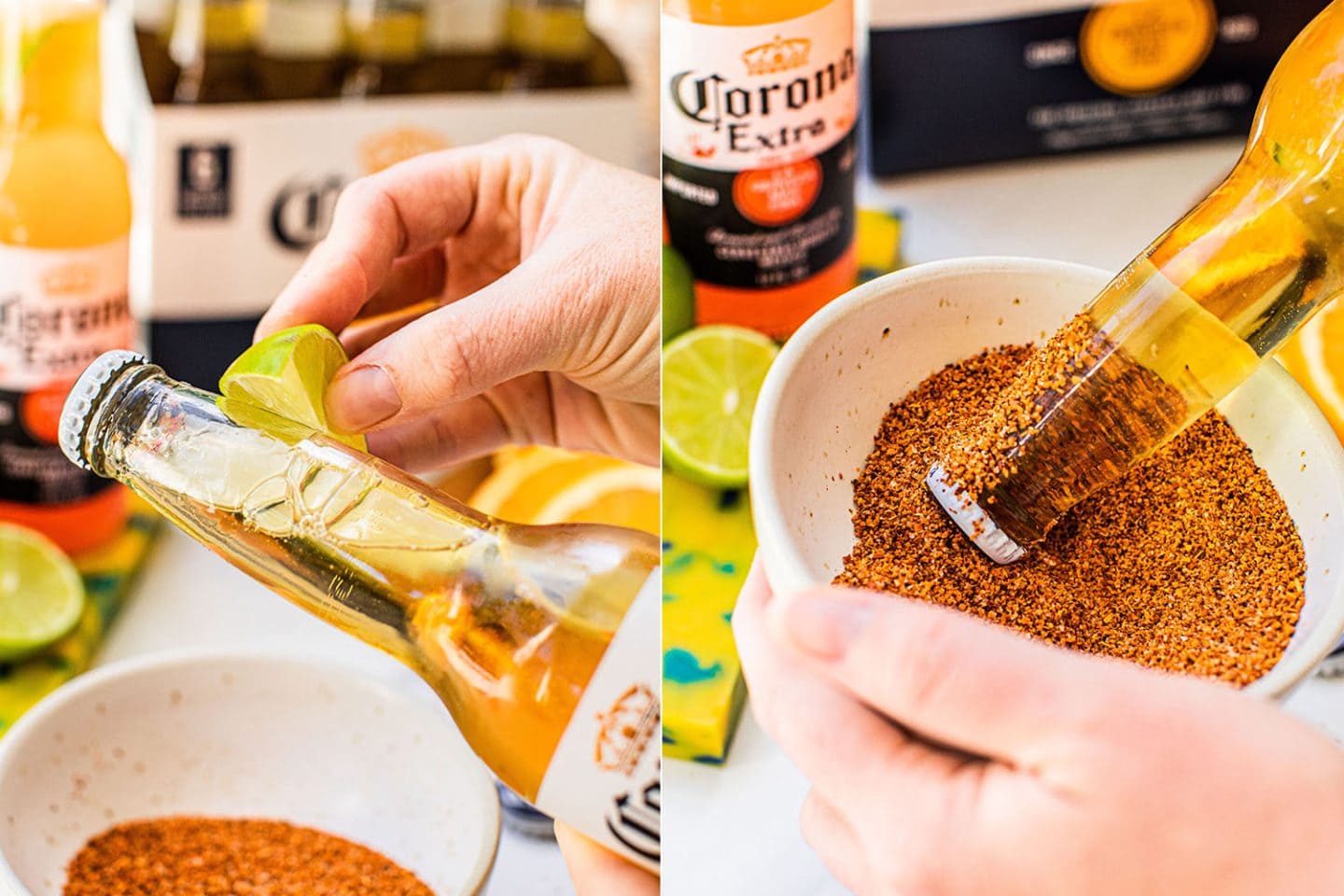 rubbing a lime along the neck of a corona and then dipping it into a bowl of tajin