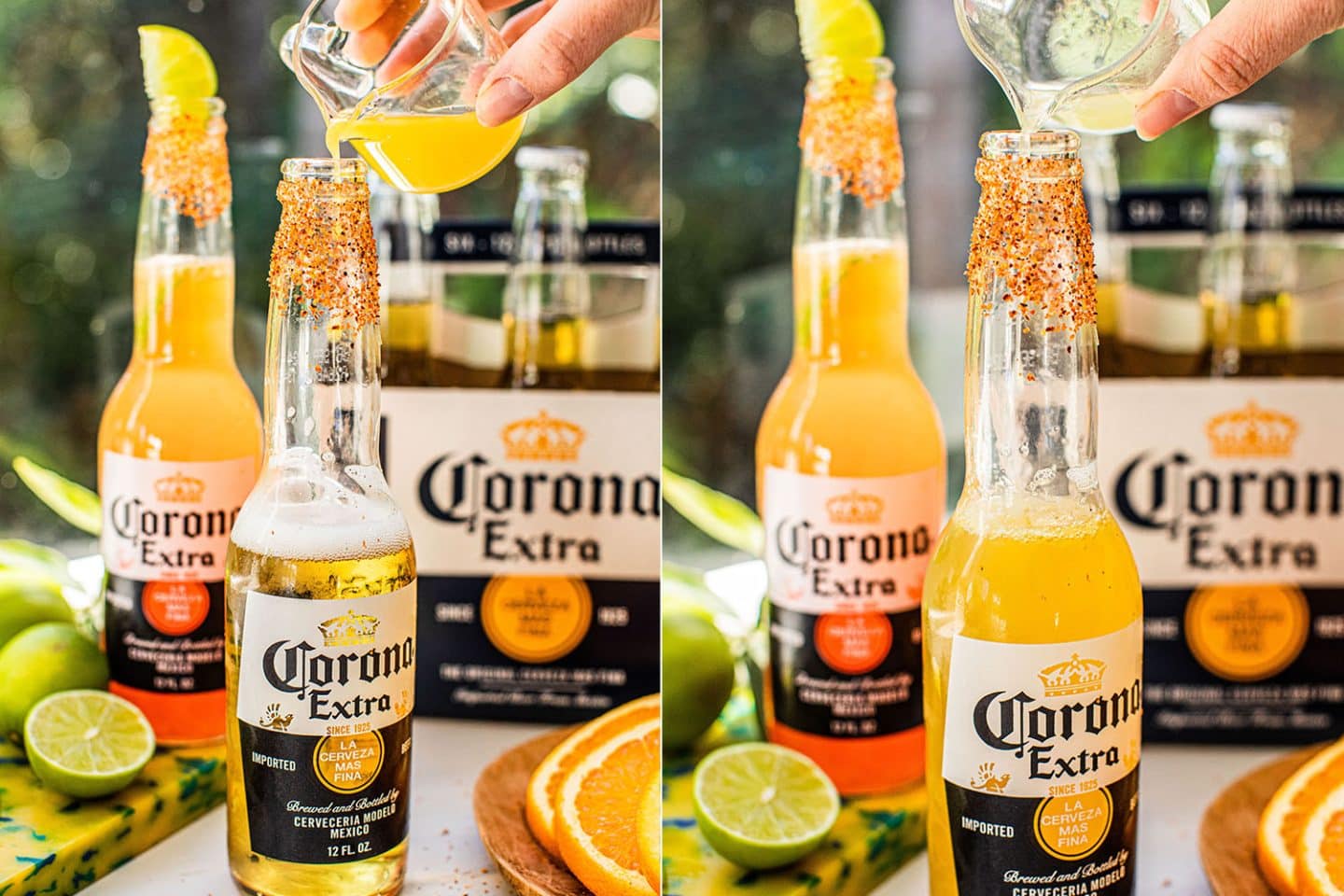 pouring orange juice and ime juice into a bottle of corona rimmed with tajin 