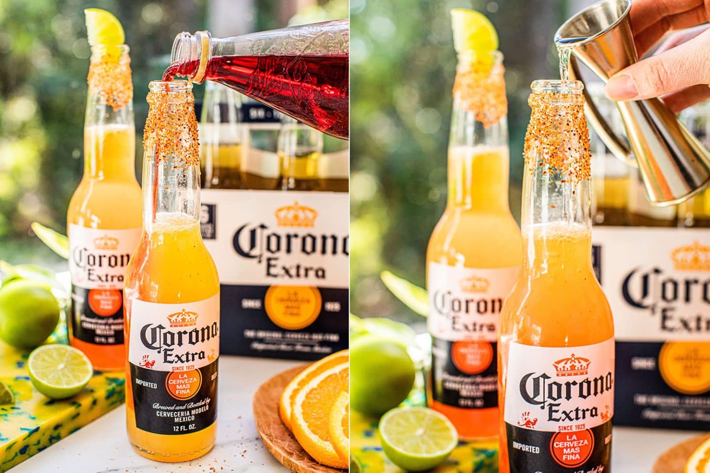 pouring grenadine and tequila into a bottle of corona rimmed with tajin