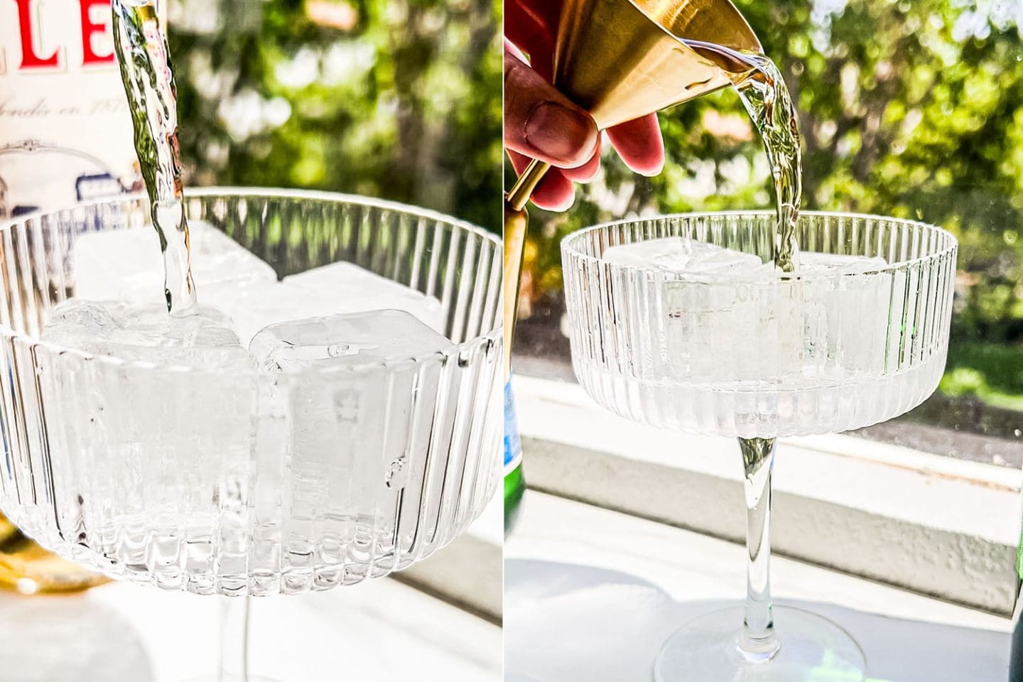 pouring gin and lillet blanc into an ice filled glass and then adding prosecco and soda water