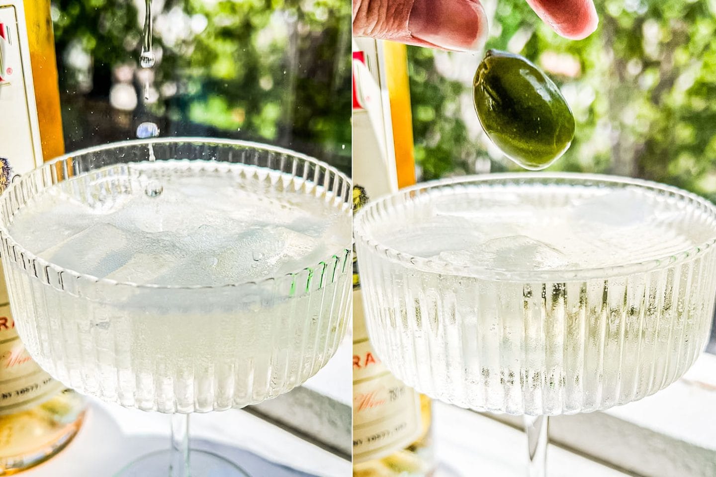 adding a couple drops of olive oil to the glass and then adding some olives for garnish