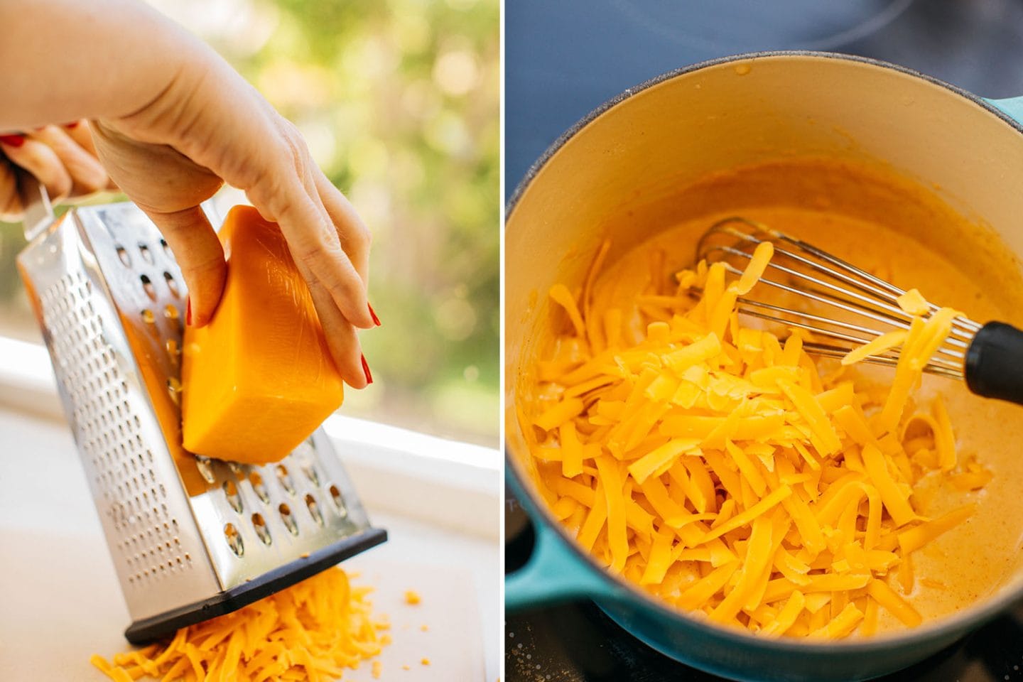 grate fresh cheddar cheese and add it to the pot to whisk