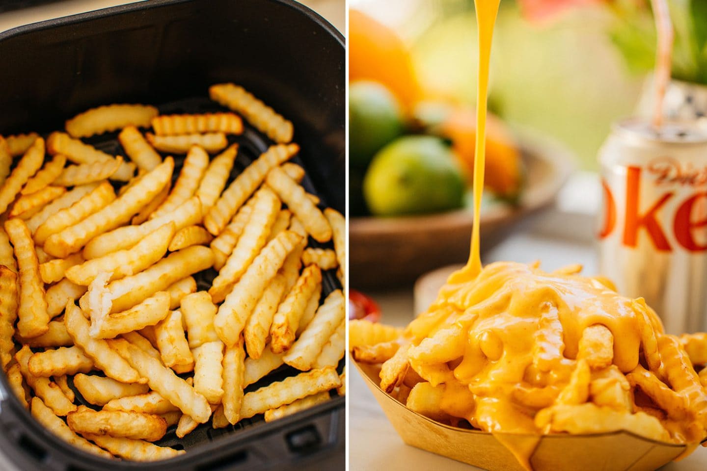 make frozen french fries in air fryer and then pour cheese sauce over them