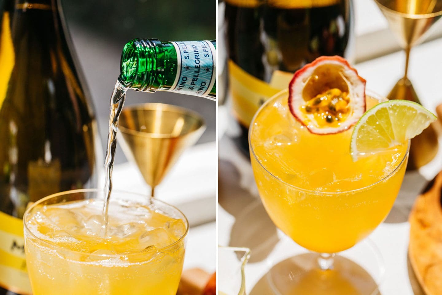 add sparkling water and garnish with passionfruit and lime