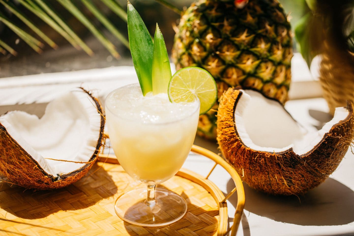 a spritz with a coconut cracked in half on either side of it