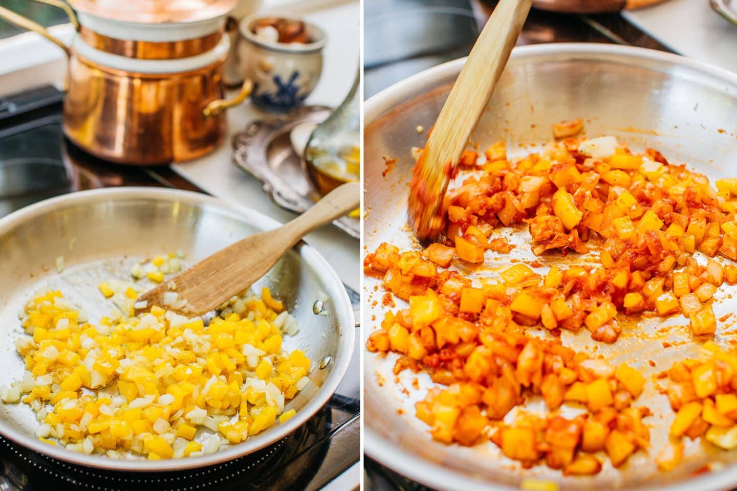 add the onions and yellow bell pepper to the sauce pan and cook, then add red tomato paste, seasonings, and water