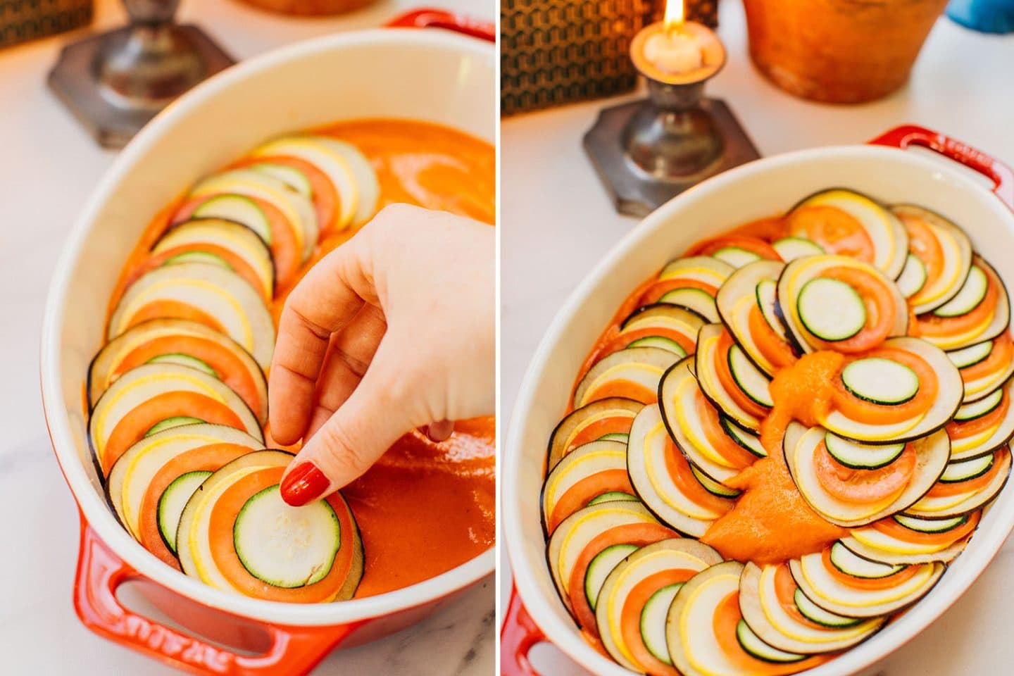 place the sliced veggies in a circle within the dish on top of the red sauce