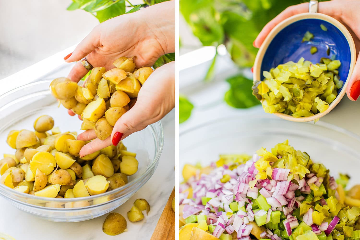 add the potatoes to the bowl along with the relish, red onions, celery, etc.