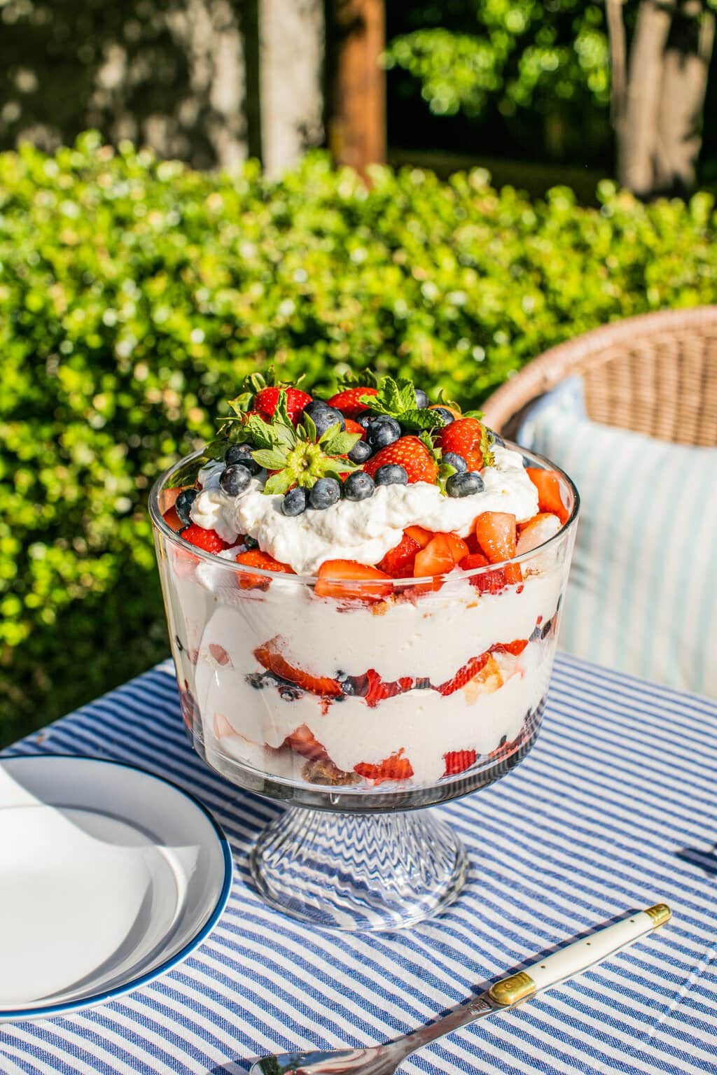 the summer berry trifle on a blue and white striped table cloth photographed from the size so you can see the layers of cake, berries, and cream. 