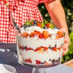 Elizabeth digging into the berry trifle with a large spoon