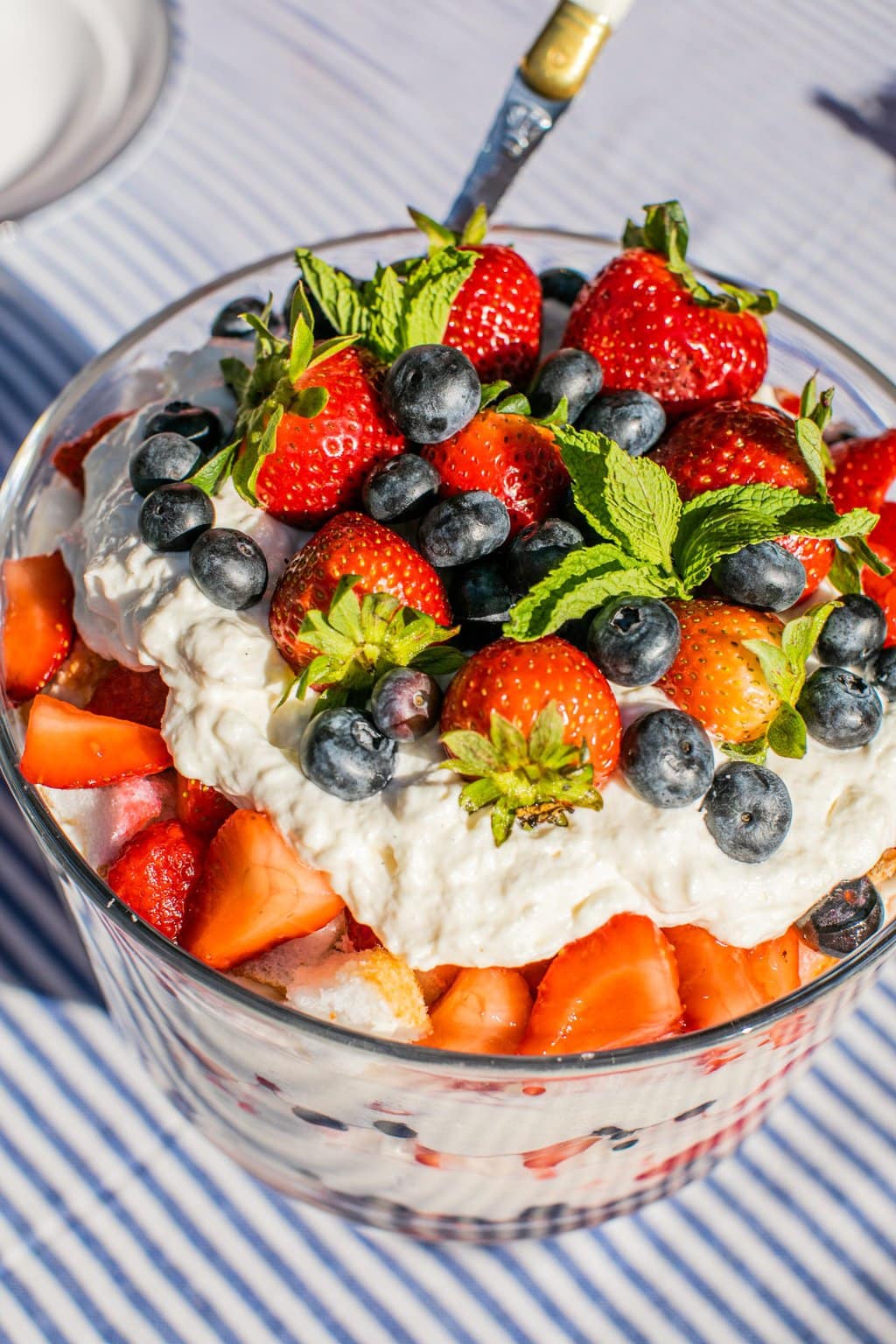 an overhead photo of the top of the trifle with fresh berries and mint leaves for garnish