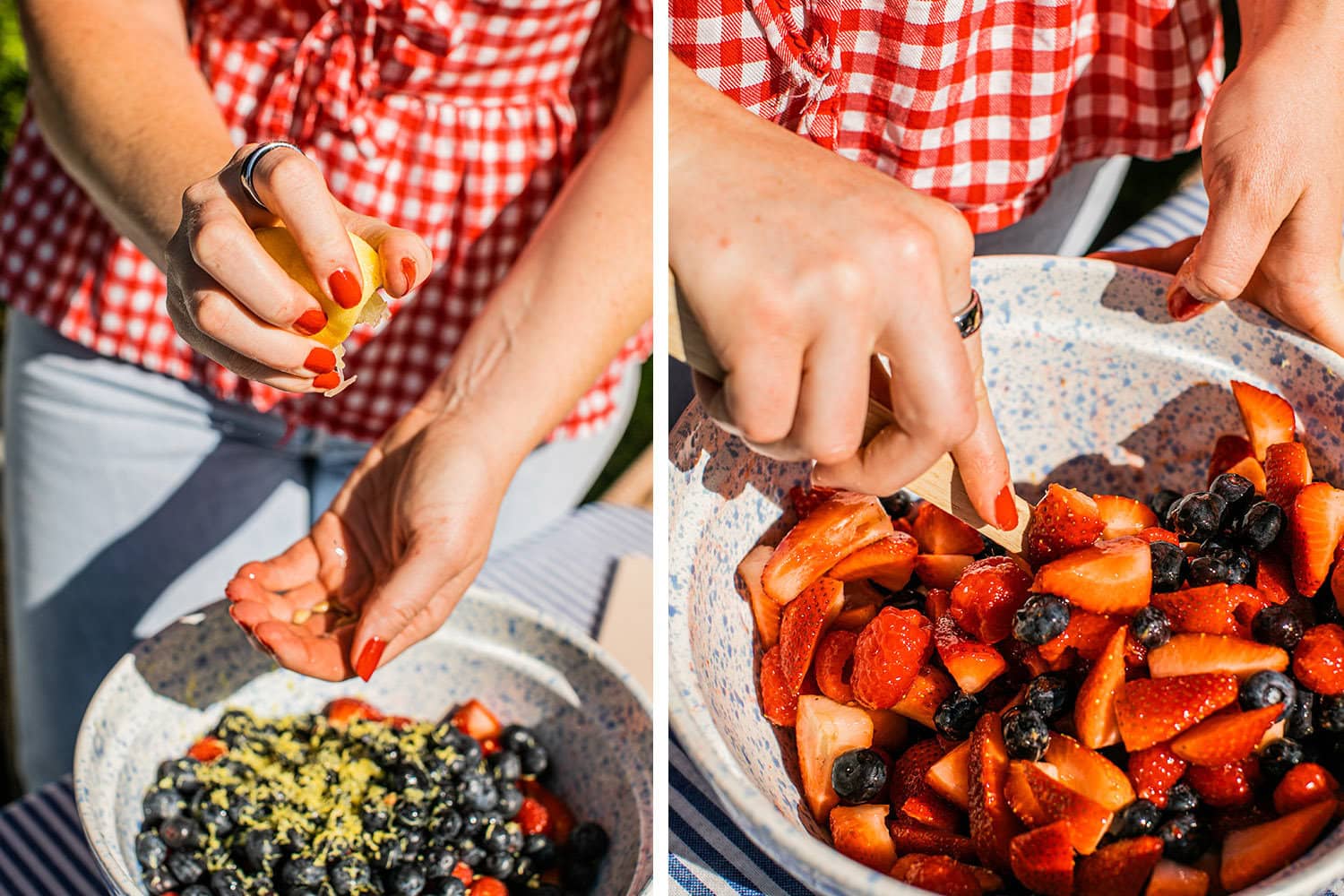 the left photo is of elizabeth putting lemon juice and zest on the berries and then right photo is her mixing everything together