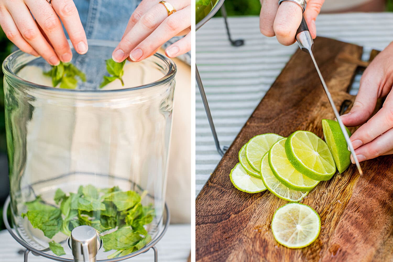 adding mint leaves to a large pitcher and chopping limes