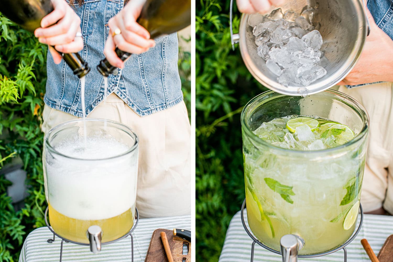 adding prosecco and ice to the large pitcher