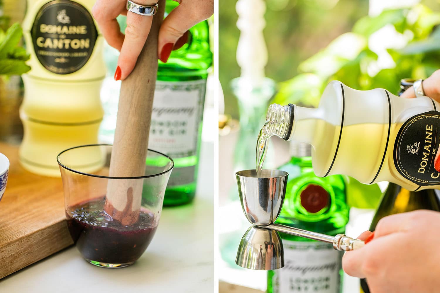 muddling the blackberries and adding the ginger liqueur 